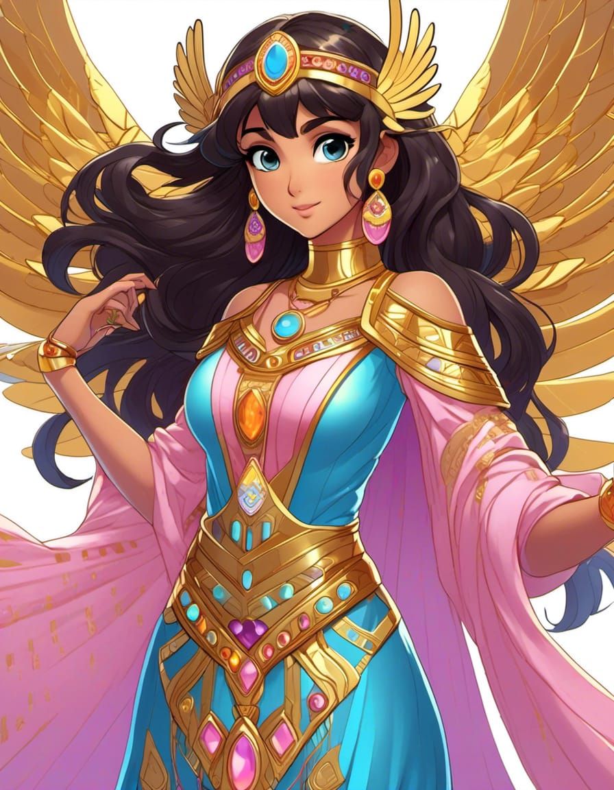 Anime Hispanic Goddess Dora, flowing dark brown hair, blue eyes, iridescent yellow angel wings, pink, orange with lavend...