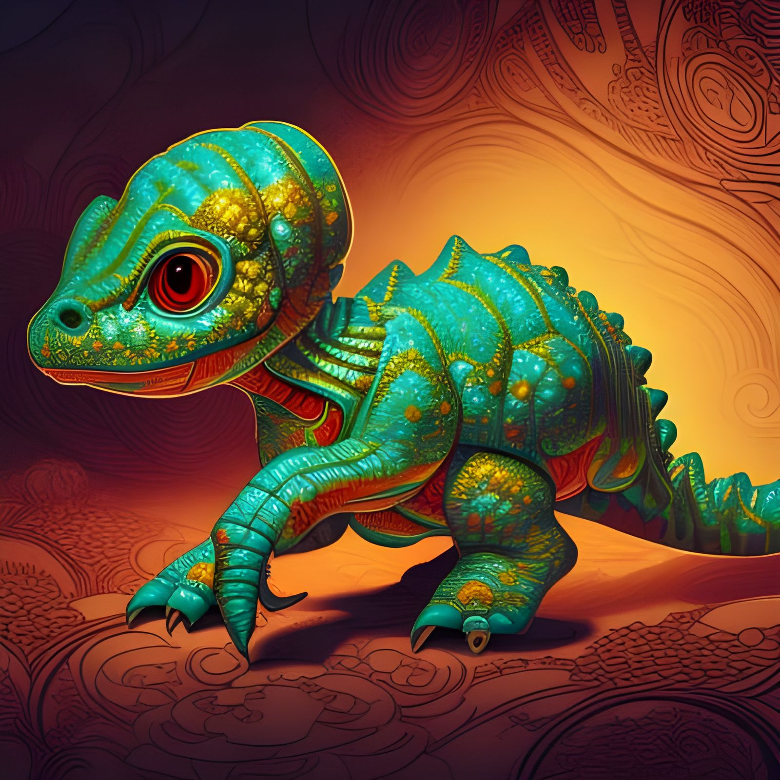 Hyperdetailed Baby Dinosaur in Japanese Art Style