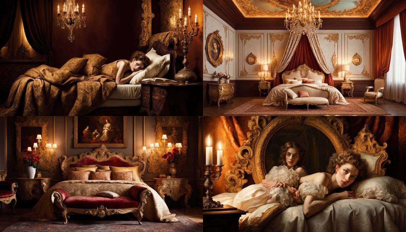 It features a bed with a person lying on it, a large mirror,...