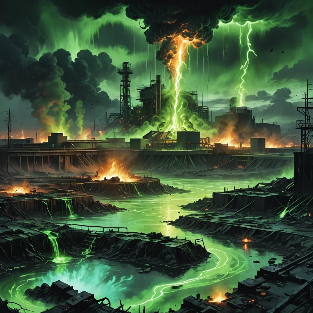 Eerie Bioluminescent Waste Pool Eruption in Dystopian Landsc...