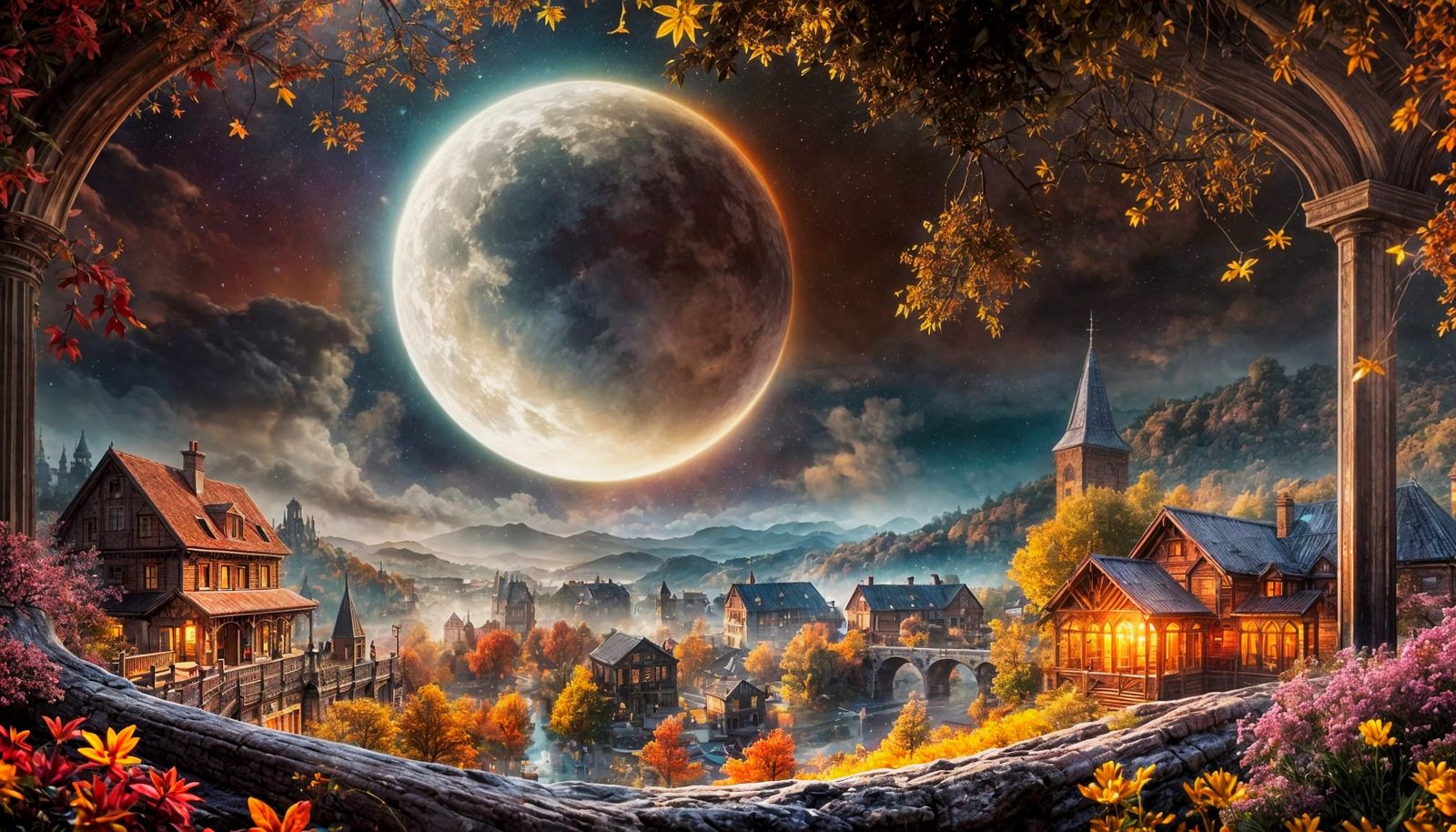 Fantasy Town Under Cosmic Sky in Sfumato Style