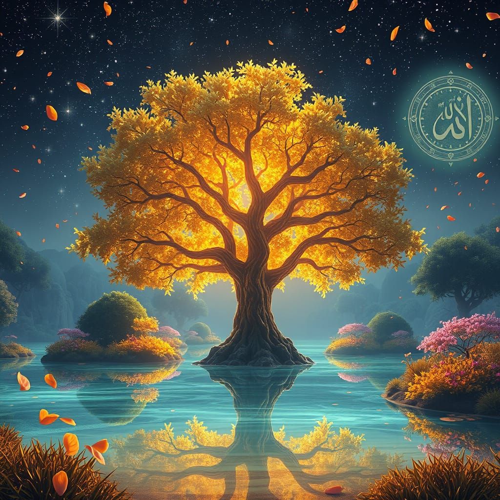 Surreal Dreamscape with Golden Tree in Ethereal Garden