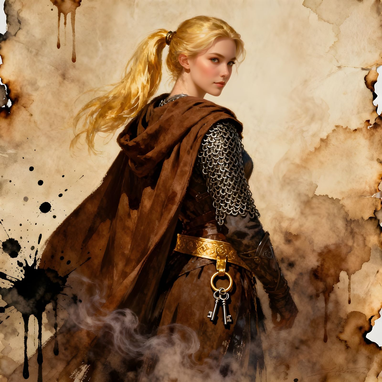 Norse Goddess with Keys in Watercolor and Ink Style