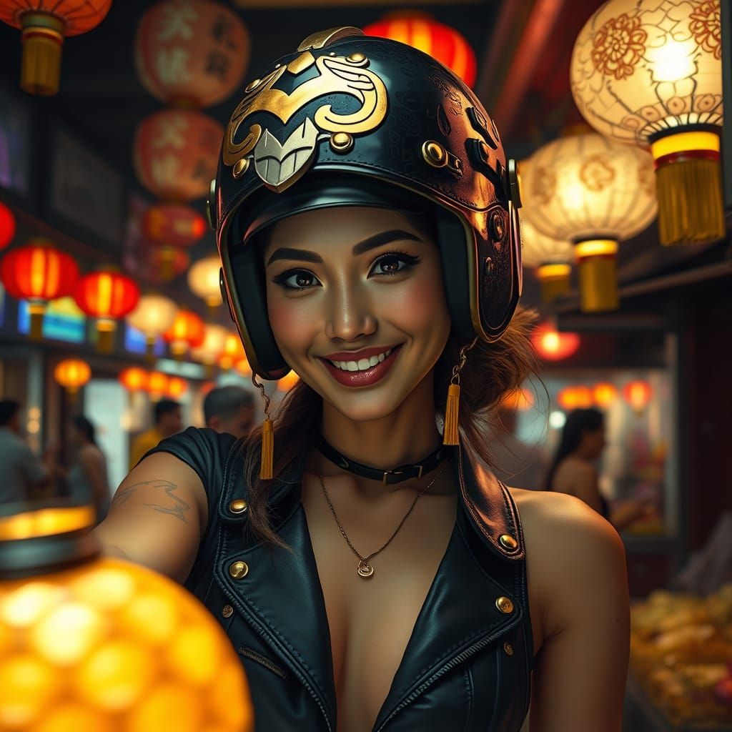 Fantastical Japanese Woman in Futuristic Night Market Attire