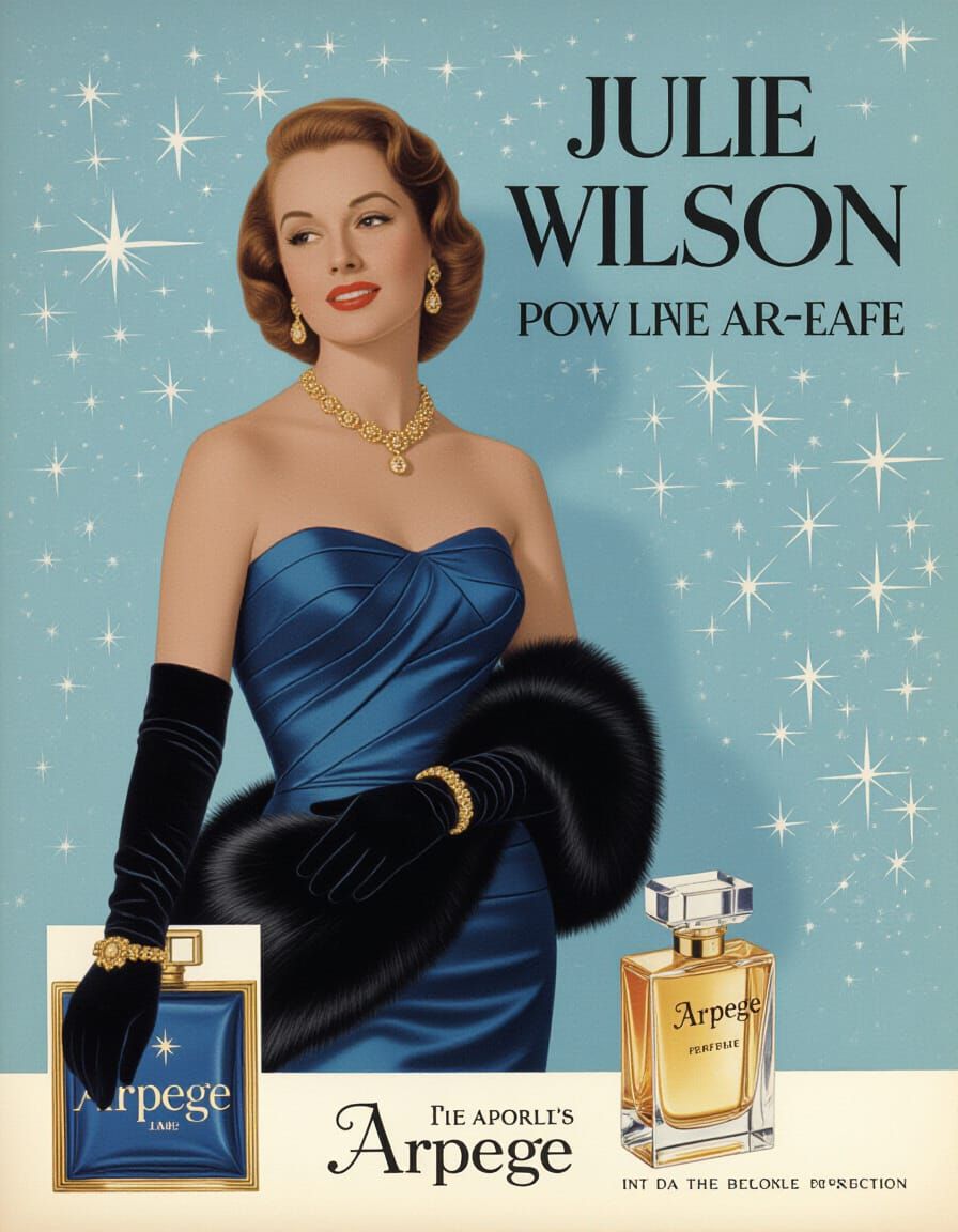 Arpege Perfume Ad: Sapphire Blue Glamour in 1950s Style