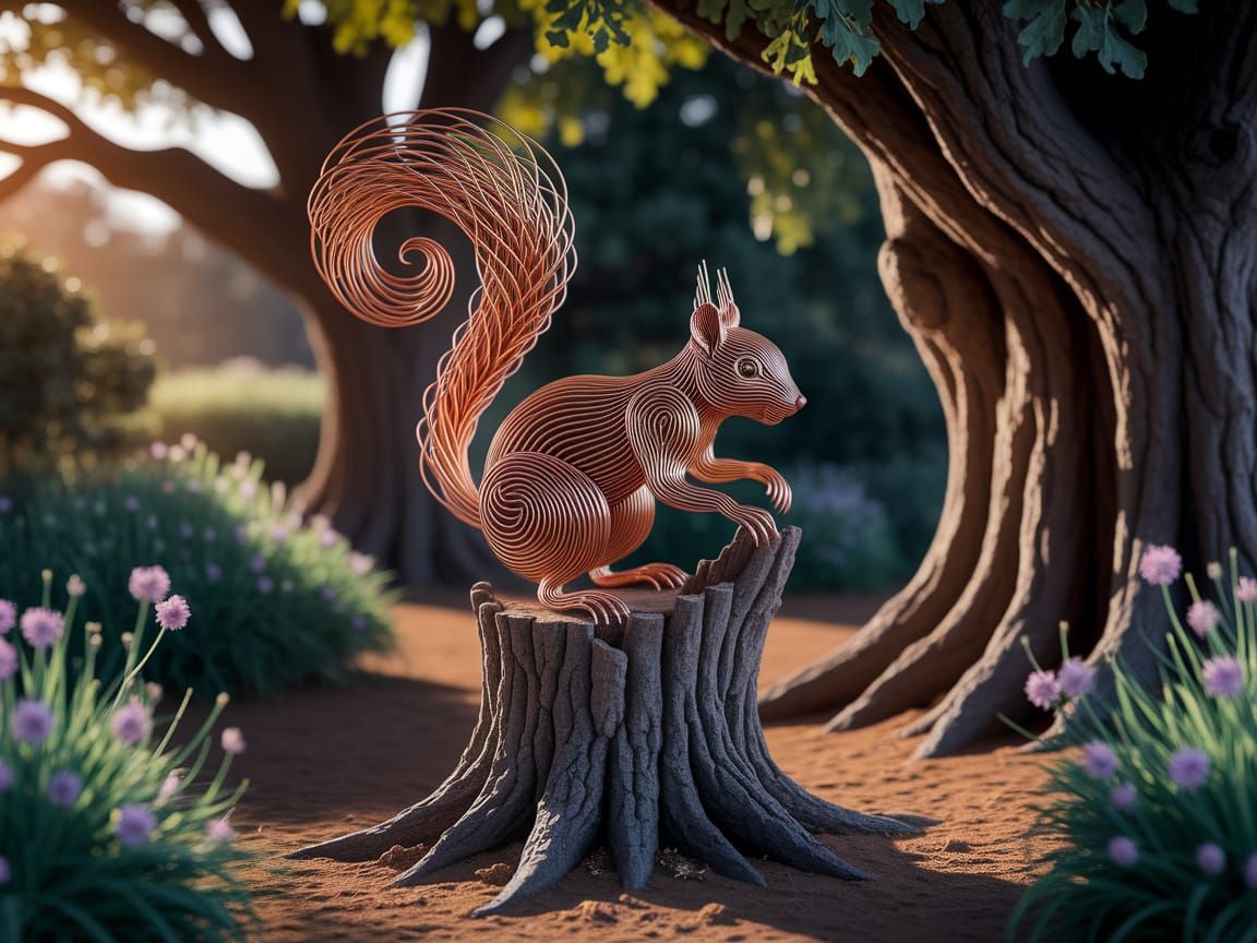 Copper Wire Squirrel Sculpture on Oak Tree