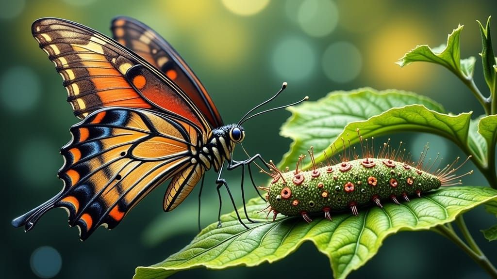 Spicebush Swallowtail Butterfly & Caterpillar on Leaf