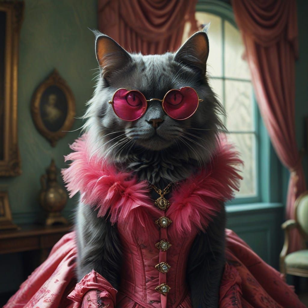 Mysterious Cat in Heart Sunglasses, Opulent Living Room