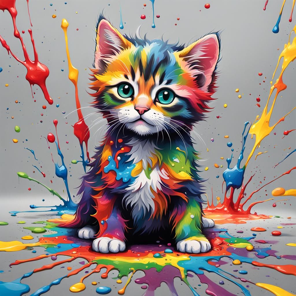 Kitten's Colorful Paint Adventure: Graffiti Splash Art