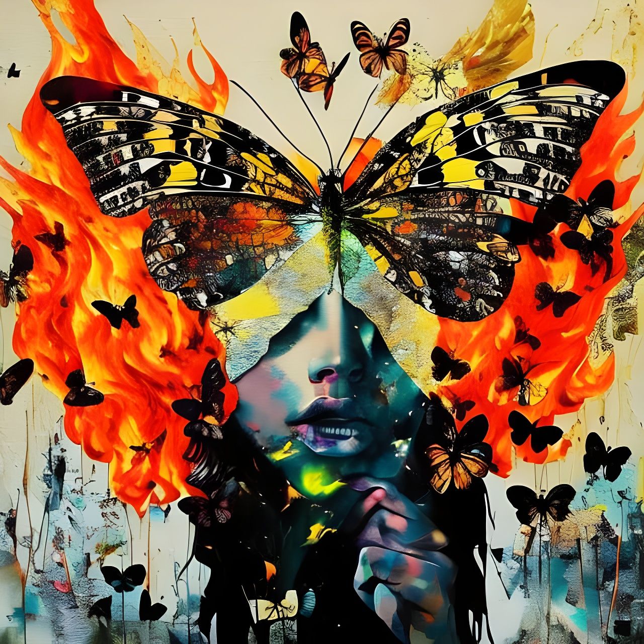 Fiery Double Exposure Collage with Butterflies