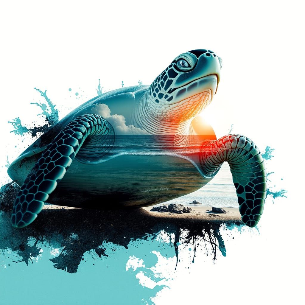"Double exposure full portrait of a turtle with beach", Russ Mills, CGSociety, Minjae Lee Chalida, Jordan Grimme...