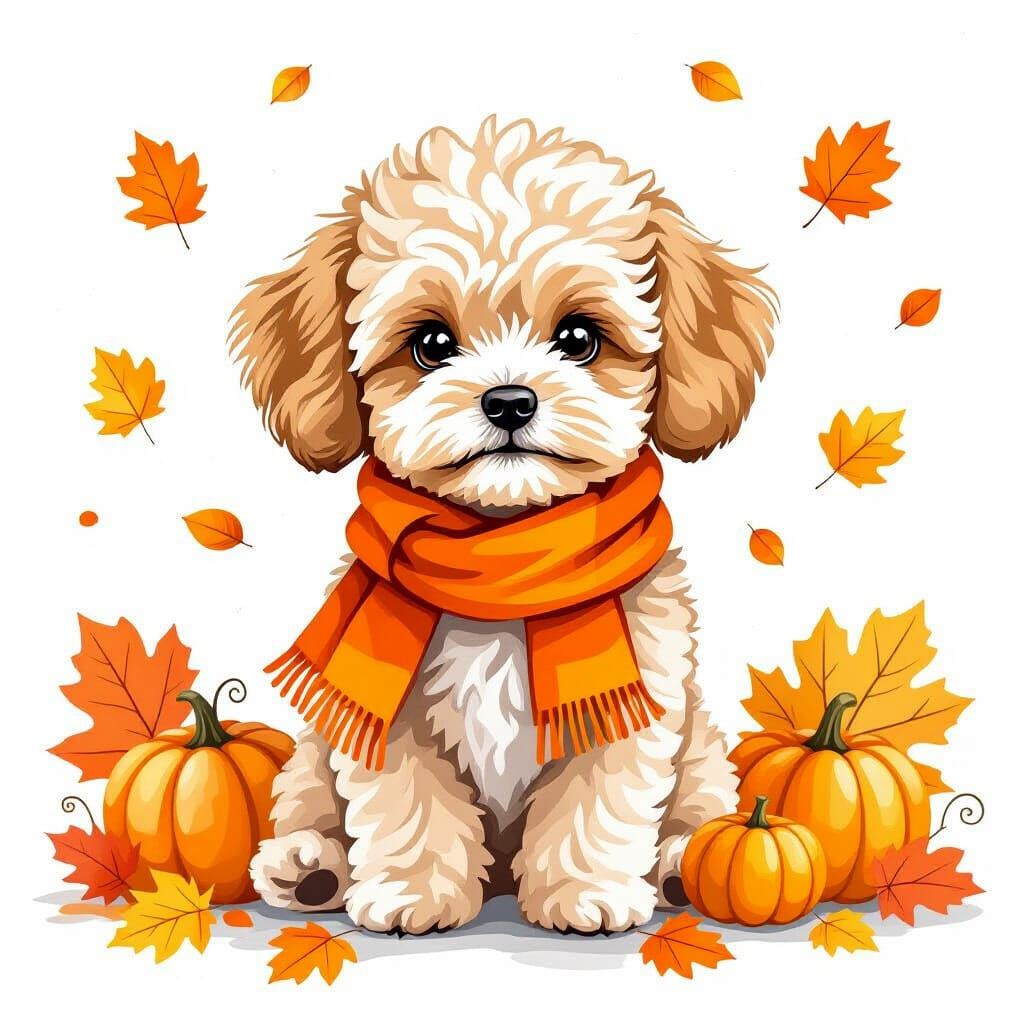 Maltipoo Dog in Autumnal Watercolor Style