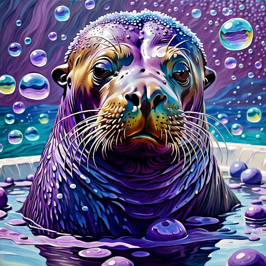 Purple Sea Lion in Jacuzzi: Expressionist Oil Painting