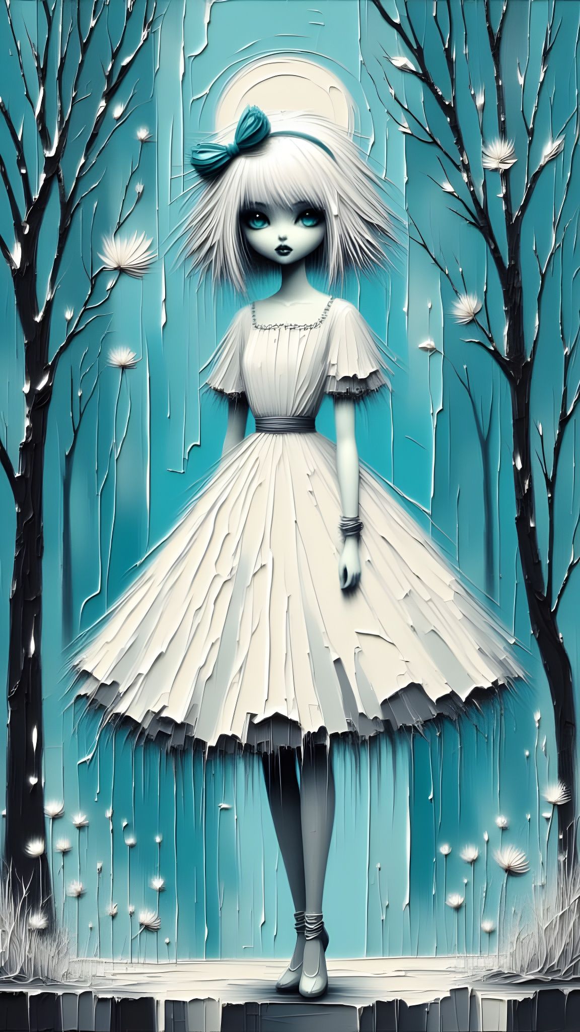Gothic Manga Girl in White Dress with Blue Eyes