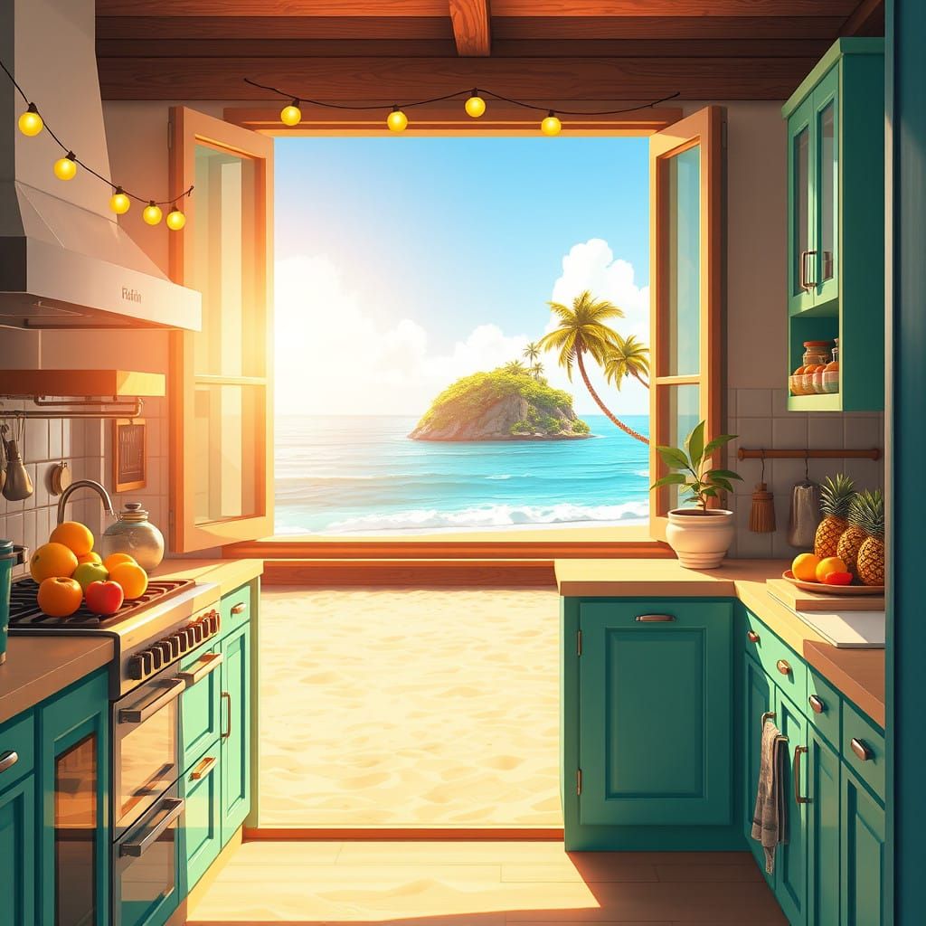 Coastal Kitchen Oasis in Vibrant Anime Style