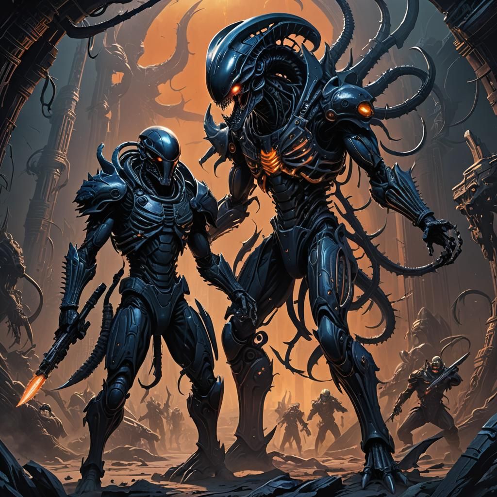 Alien Warrior and Void Reaper in Dark Fantasy