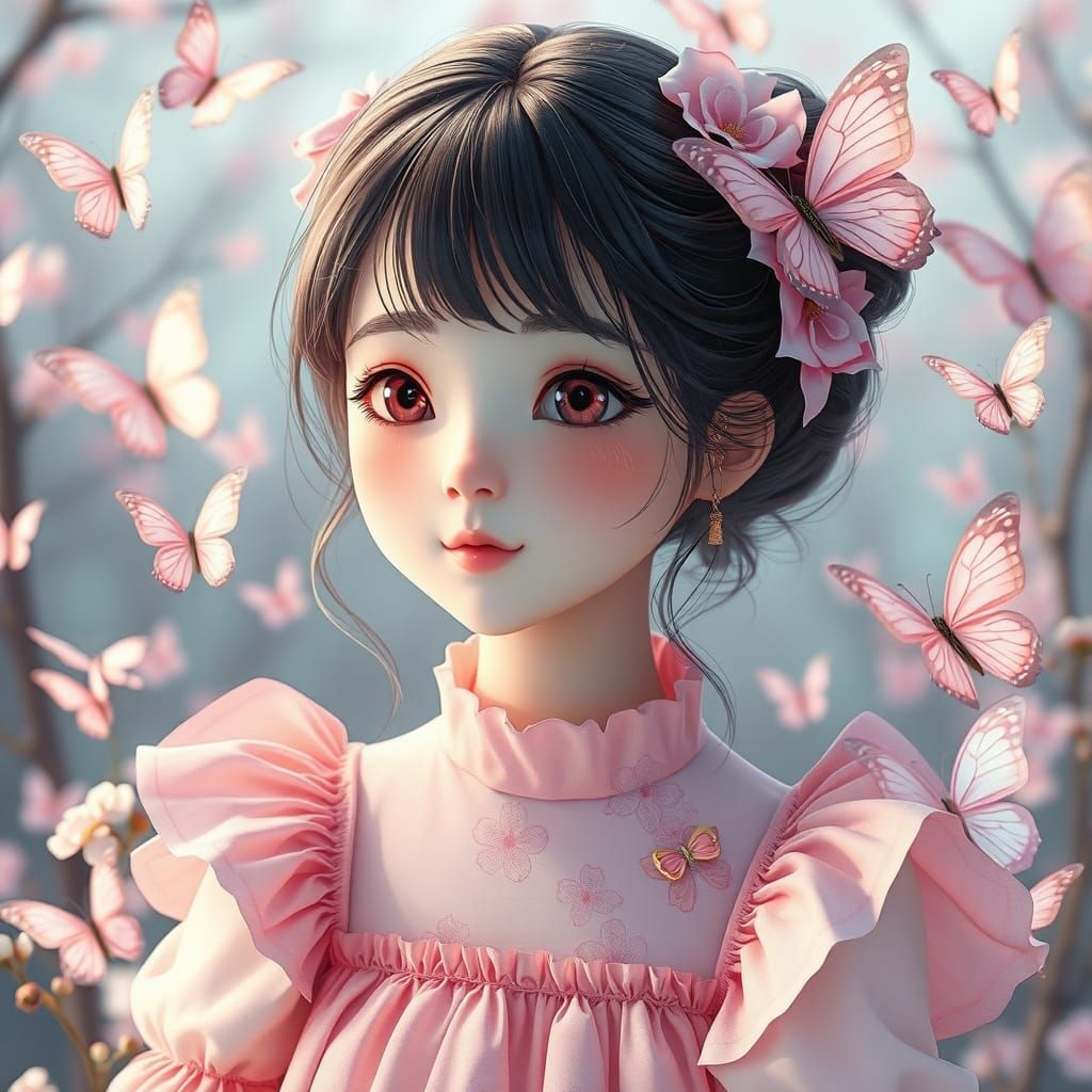 Cotton Candy Girl with Butterflies in Anime Style