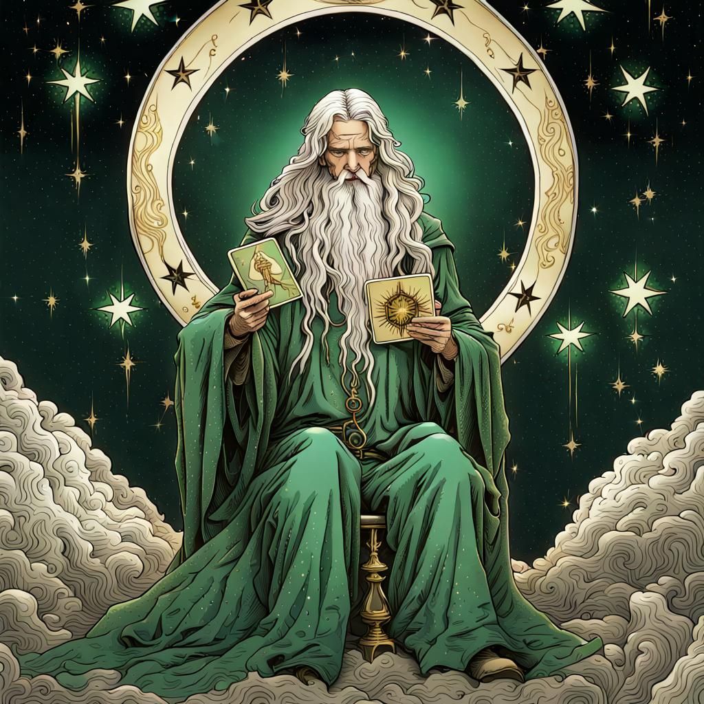Mystical Tarot Card of Wizard in Green Robes