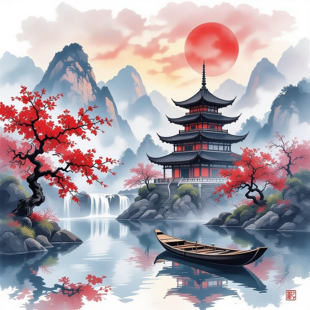 East Asian Mountain Temple at Sunset, Cherry Blossoms