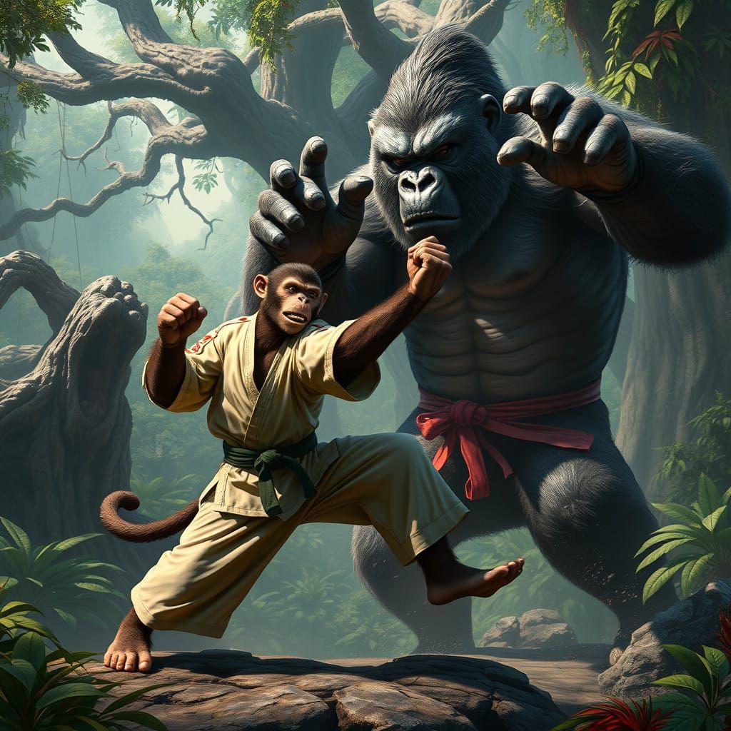 Karate Monkey Battles Gorilla in Vibrant Jungle