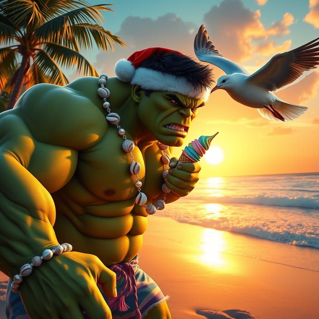 Hulk in Vibrant Beach Wear at Sunset, Seagull Steals Ice Cre...