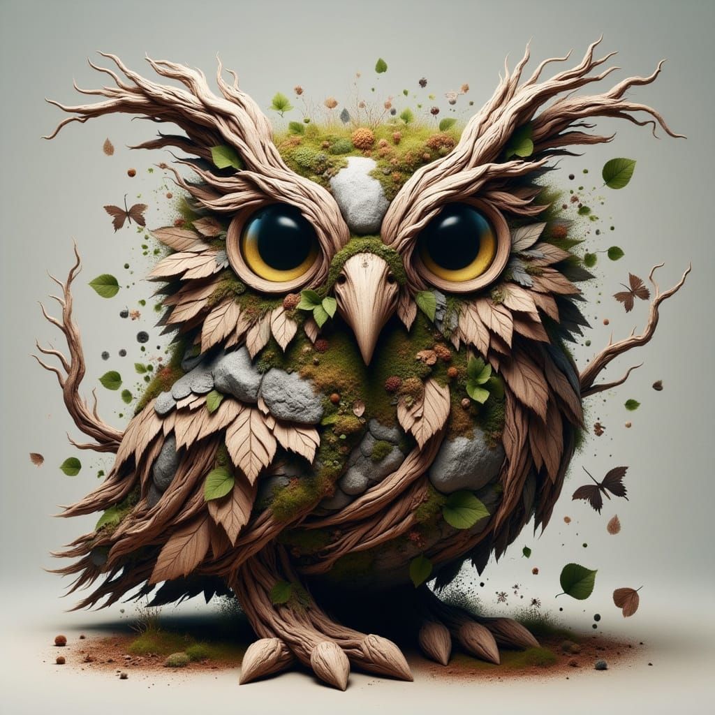 Majestic Owl Sculpture in Whimsical Earthy Style