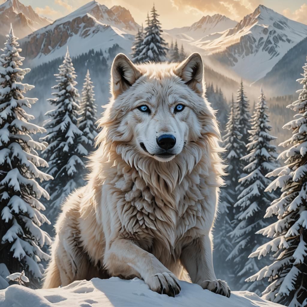 Regal White Wolf on Snow Mountain in Fantasy Art