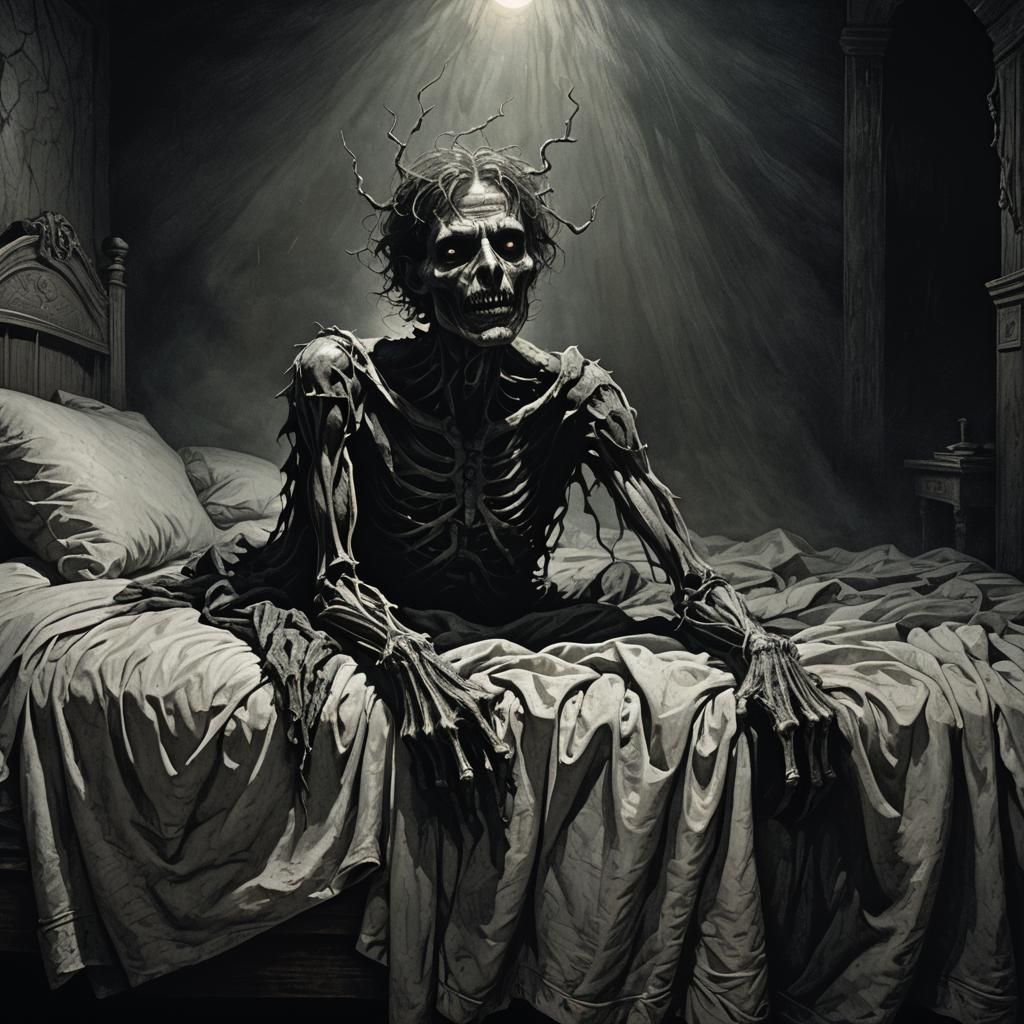 Eerie Figure Lurking Under Bed in Gothic Horror Style