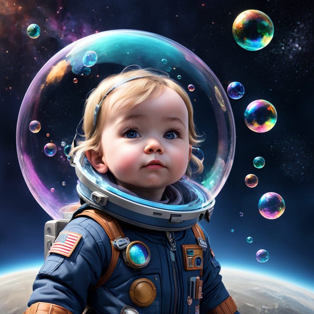 Whimsical 3D Portrait of a Toddler in a Cosmic Bubble