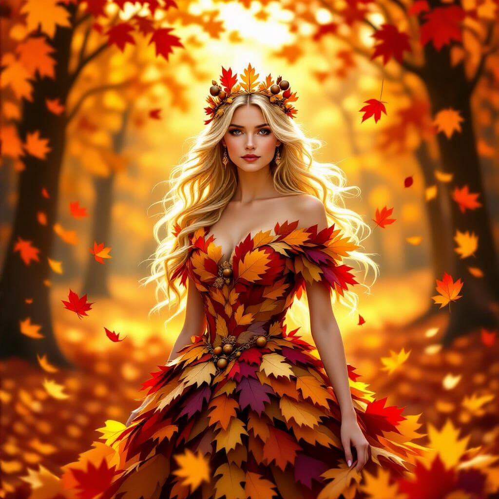 Autumn Queen in Golden Forest Cinematic Portrait