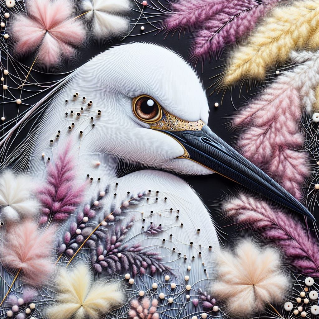 Detailed Egret Portrait with Abstract Pampas Grass Backgroun...