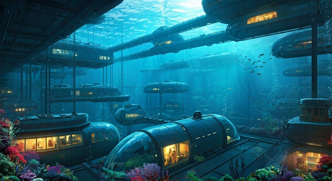 Underwater Submarine Village with Vibrant Marine Life
