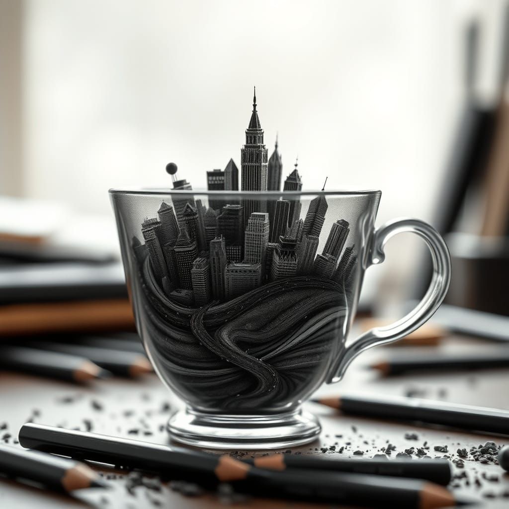 Surreal Teacup With Growing Cityscape in Graphite