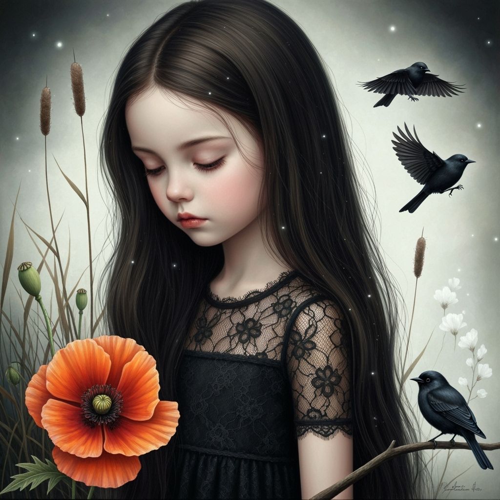 Melancholic Girl in Oil Painting with Poppies and Birds
