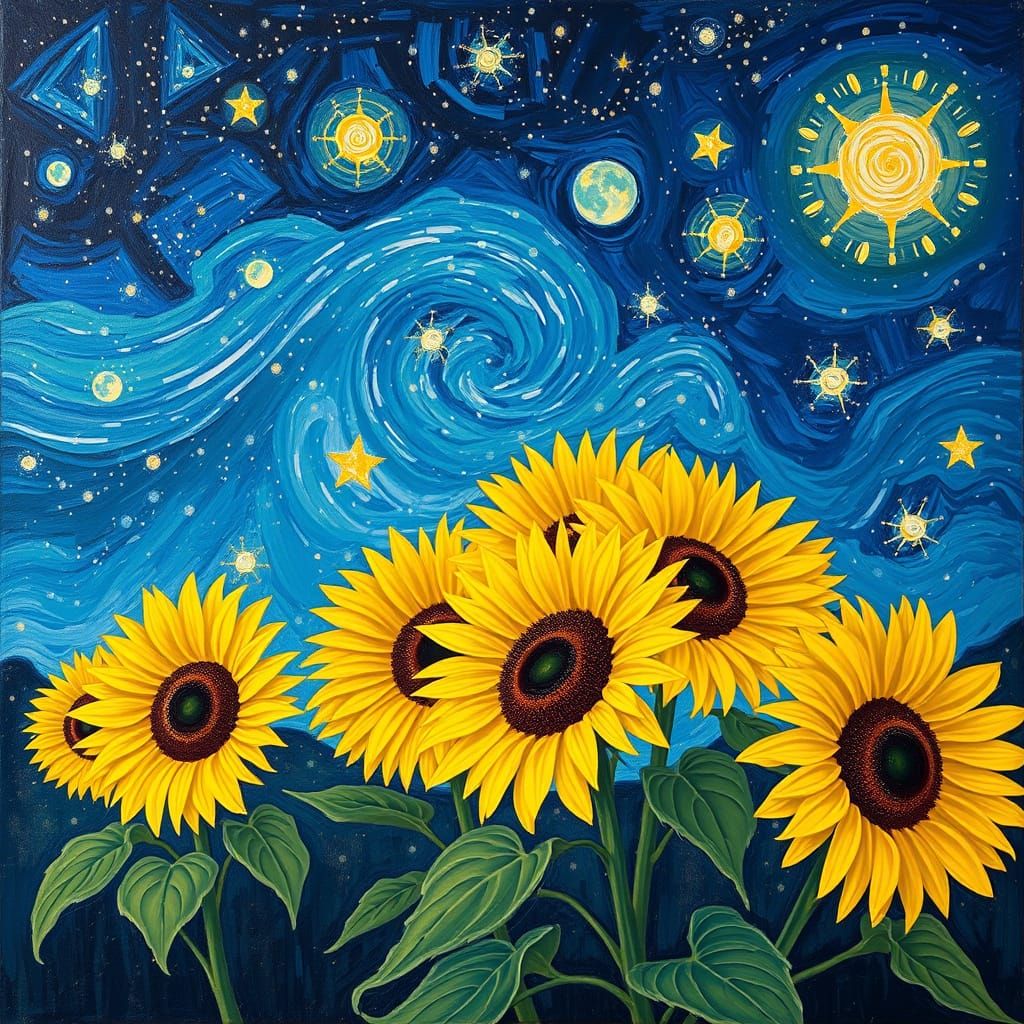 Starry Night Sunflowers in Neo-Expressionist Style