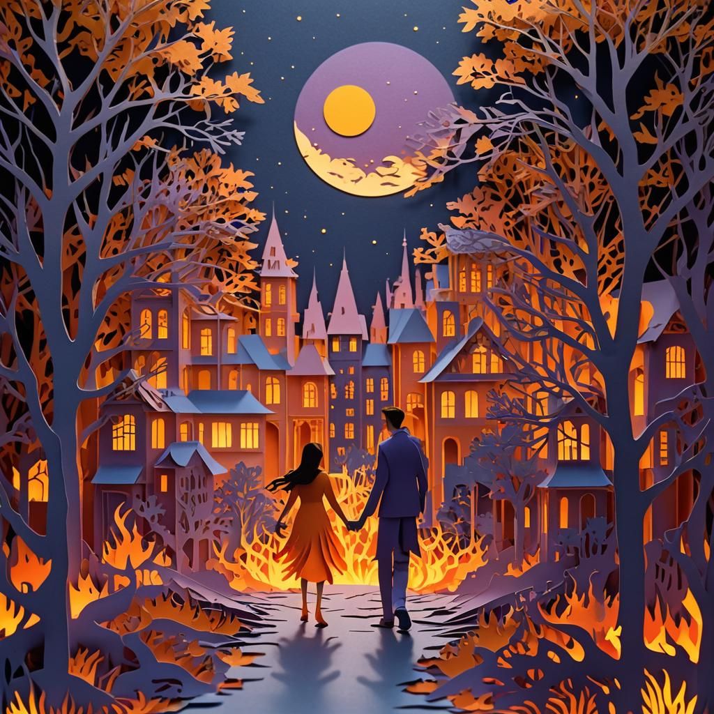 Kirigami Diorama: Lovers Walk Into Fire