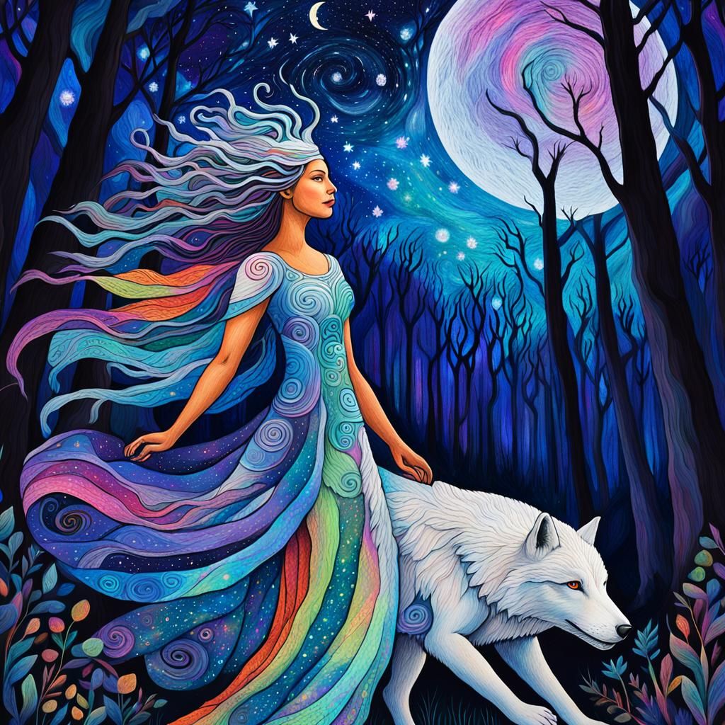 Goddess and Wolf Cosmic Illustration in Visionary Style