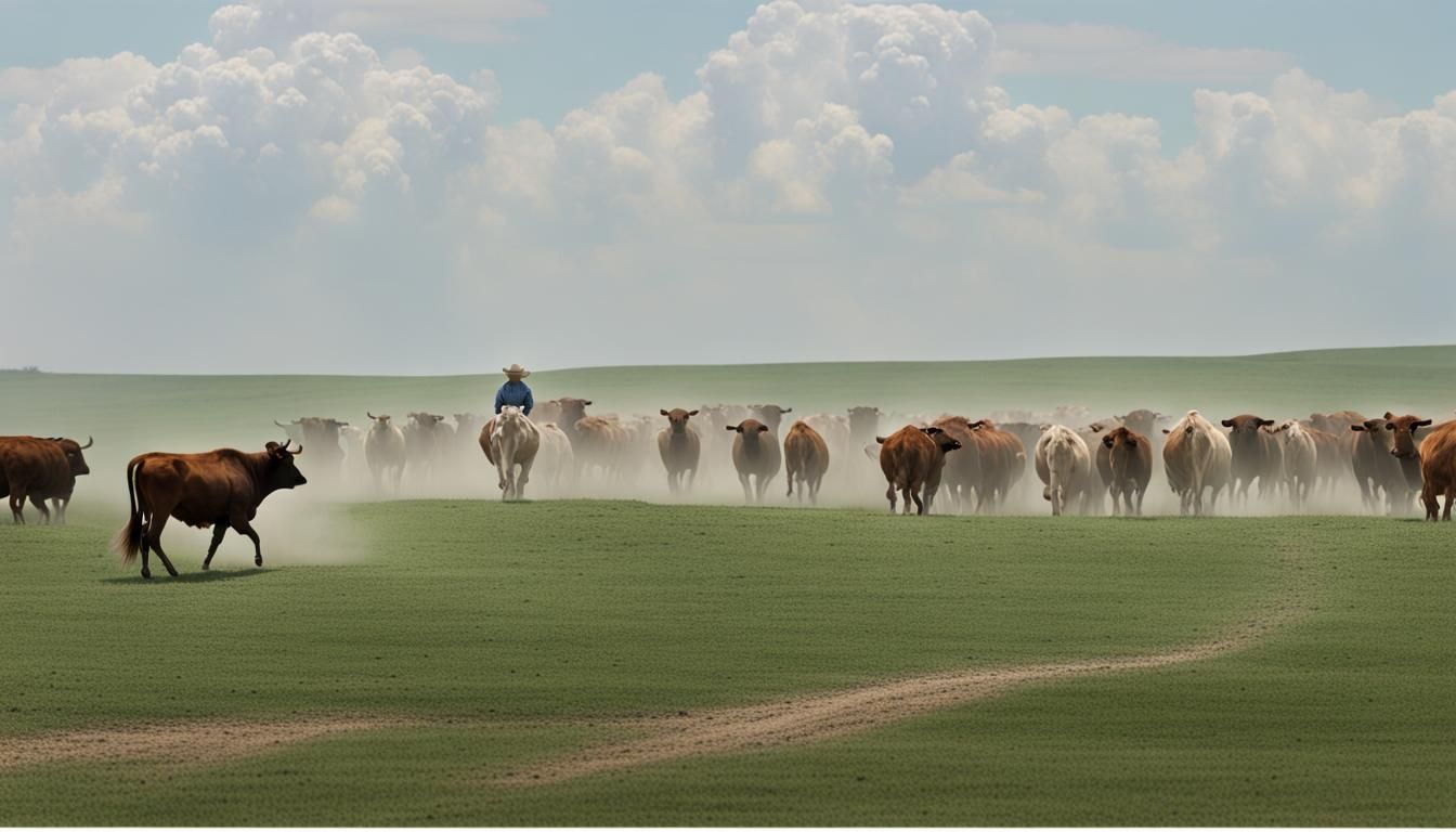 Dusty Cowboy Herding Cattle on Green Plain
