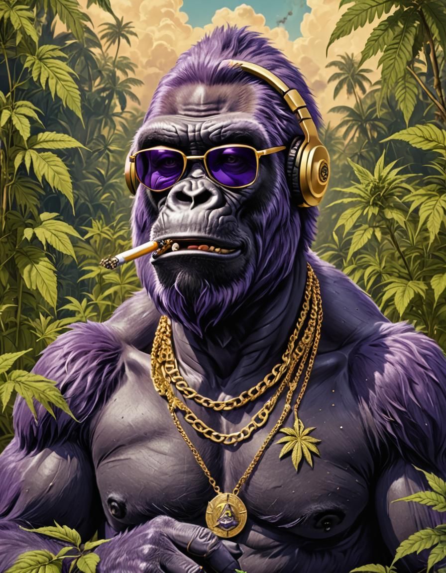 Purple Gorilla Smoking in Marijuana Field