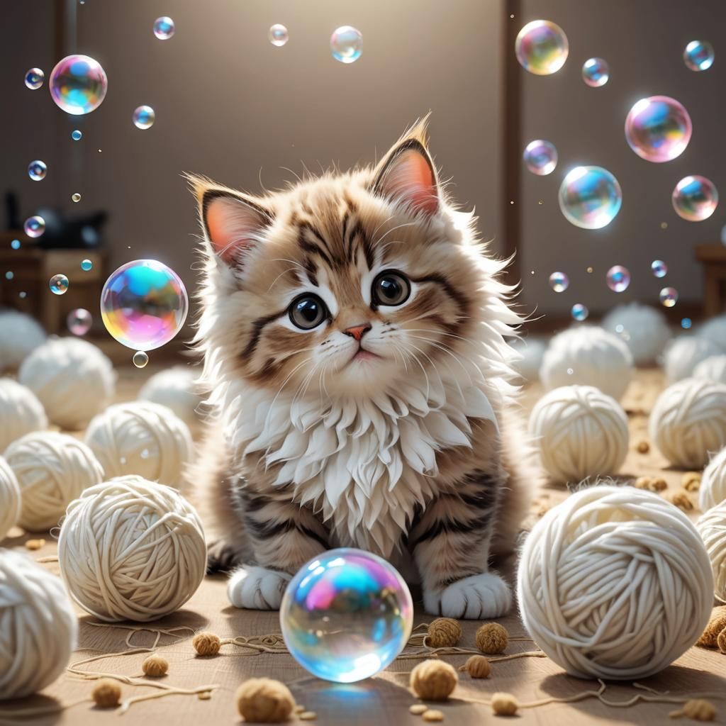 Playful Kitten with Bubbles in 3D Anime Style
