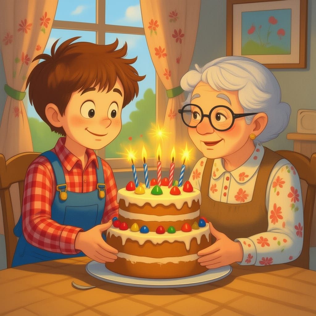 Boy Presents Birthday Cake to Bewildered Woman in Storybook ...