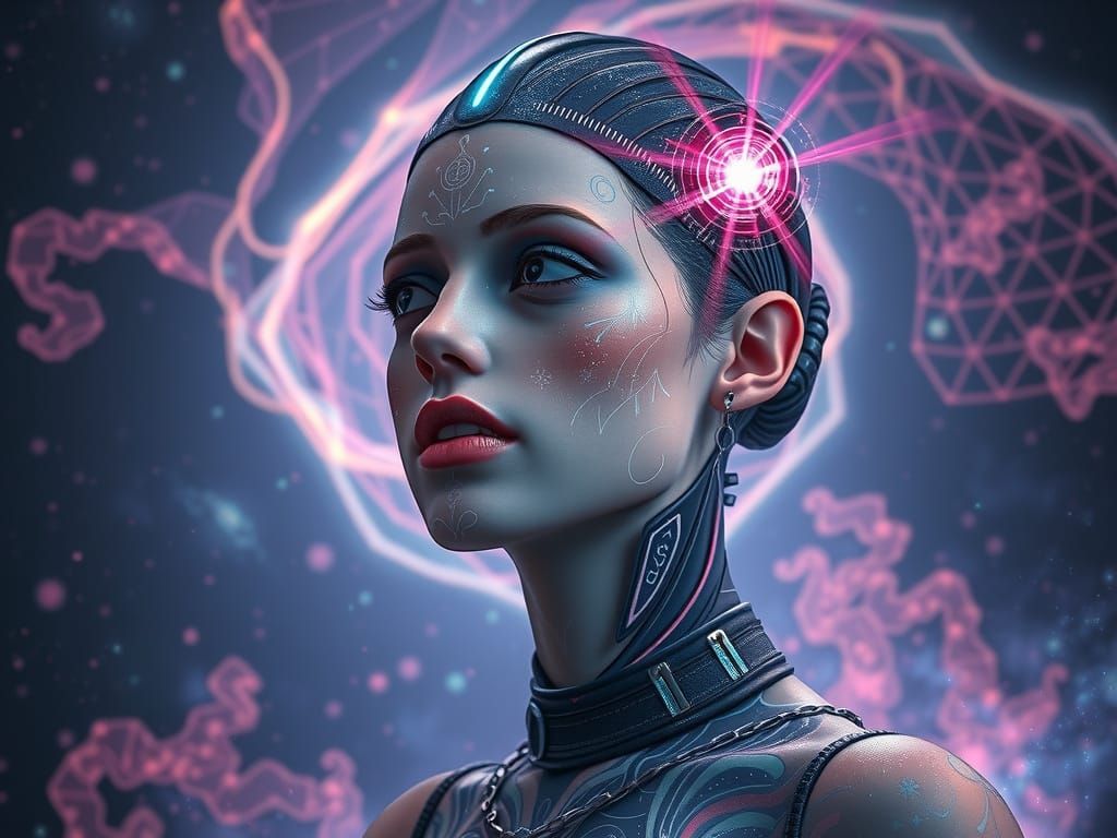 Cosmic Queen with Bioluminescent Tattoos in Editorial Style