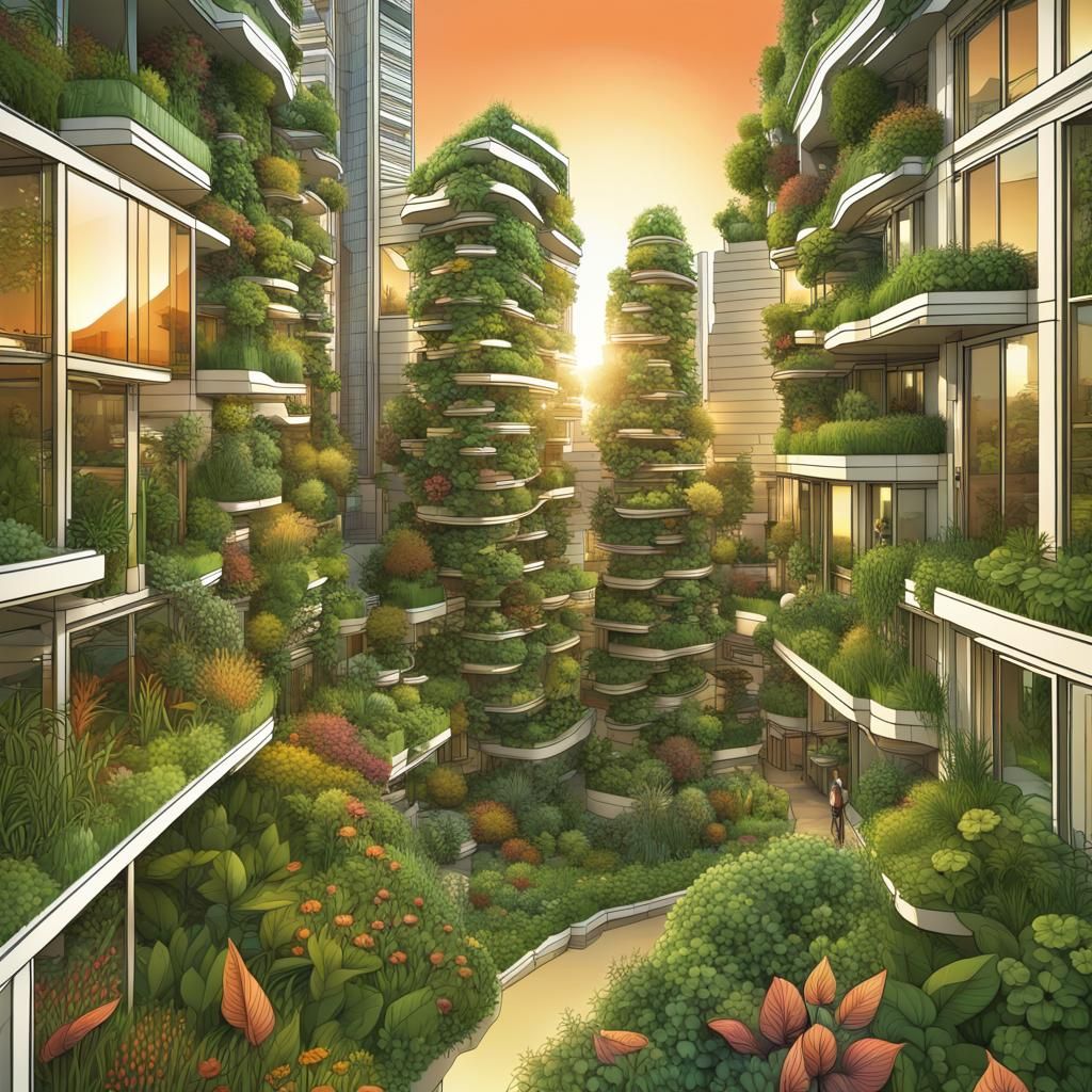 Urban Gardens Architecture with Vibrant Plants at Sunset