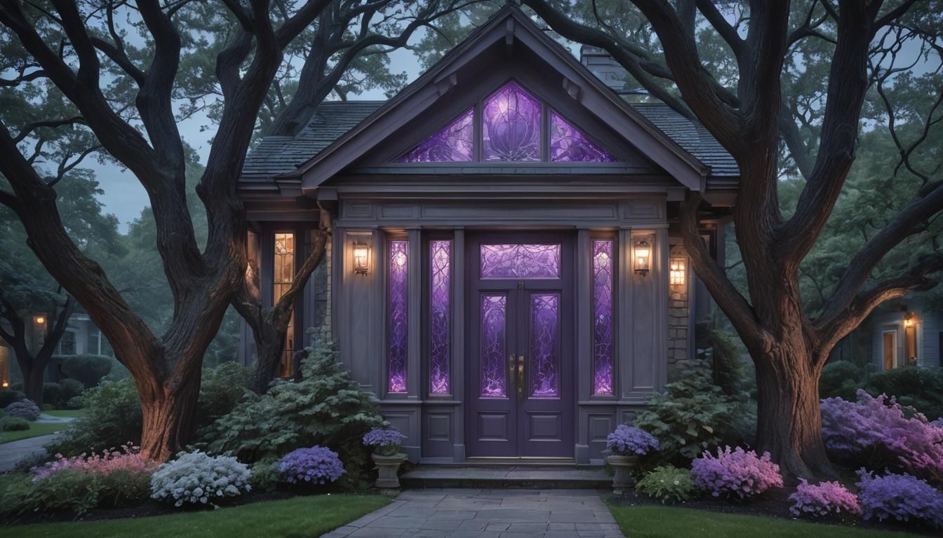 Modern Glass House with Moonstone Door in Moonlight