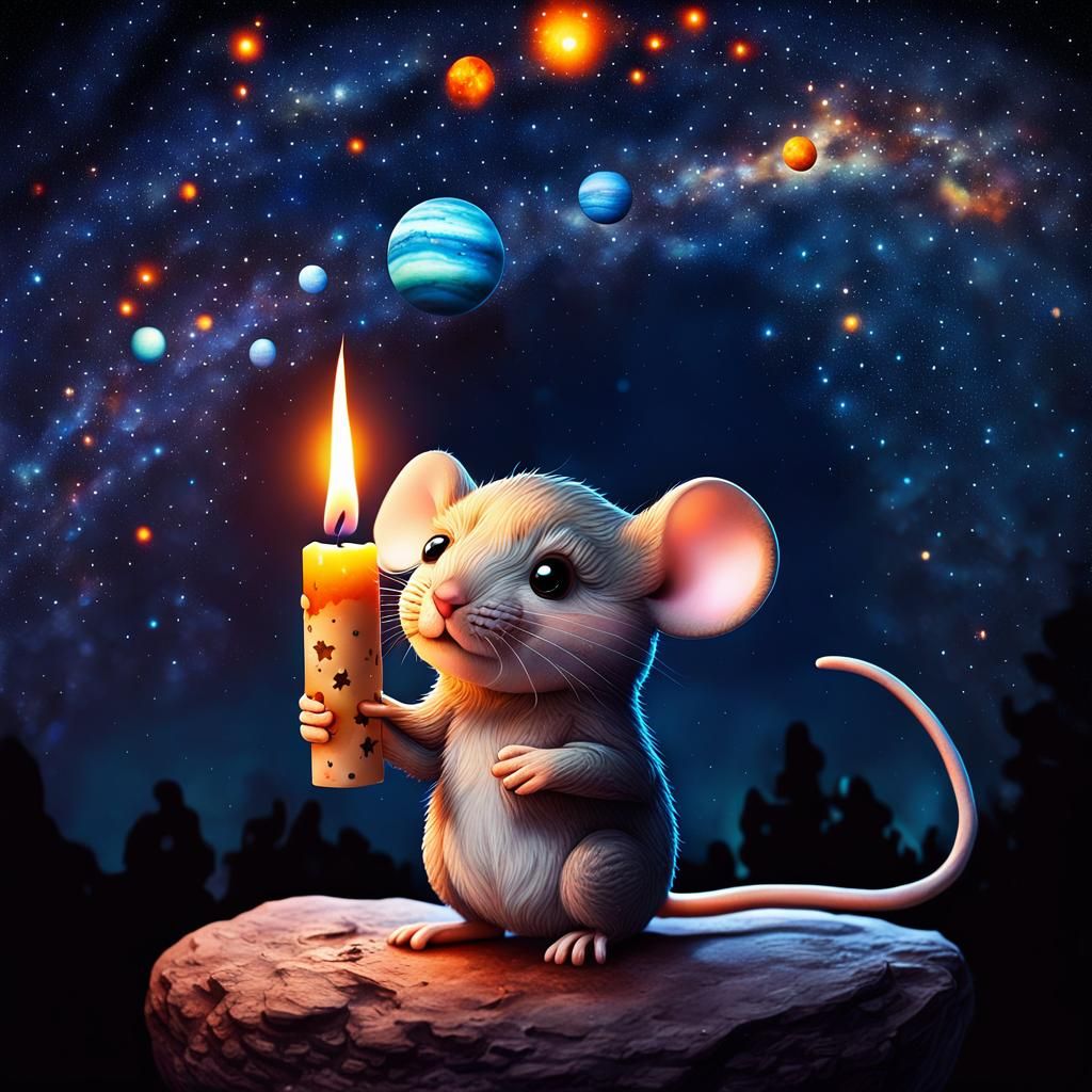 Chibi Mouse with Candle in Starry Night Sky