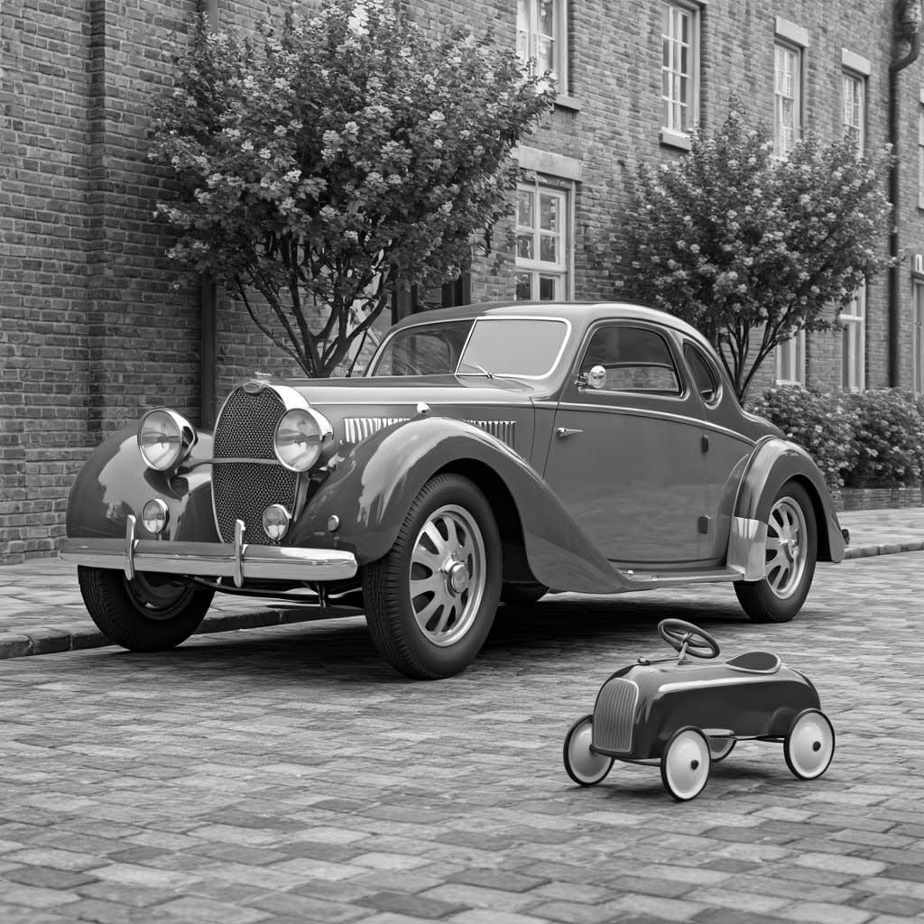 1937 Bugatti with Toy Pedal Car in 1930s Scene