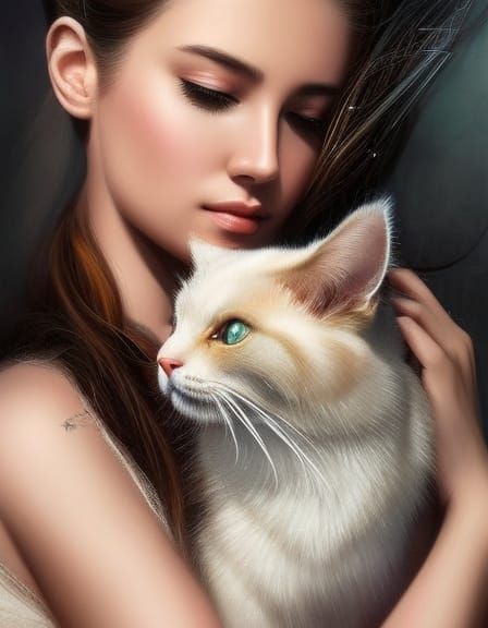 Woman and Cat Portrait in Watercolor Style