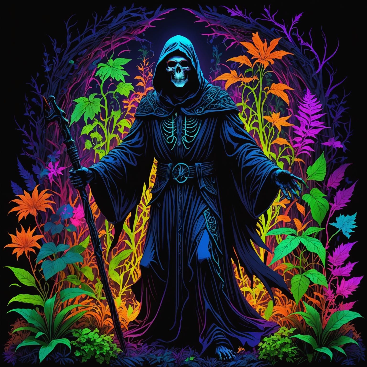 Psychedelic Grim Reaper in Fluorescent Fantasycore Style