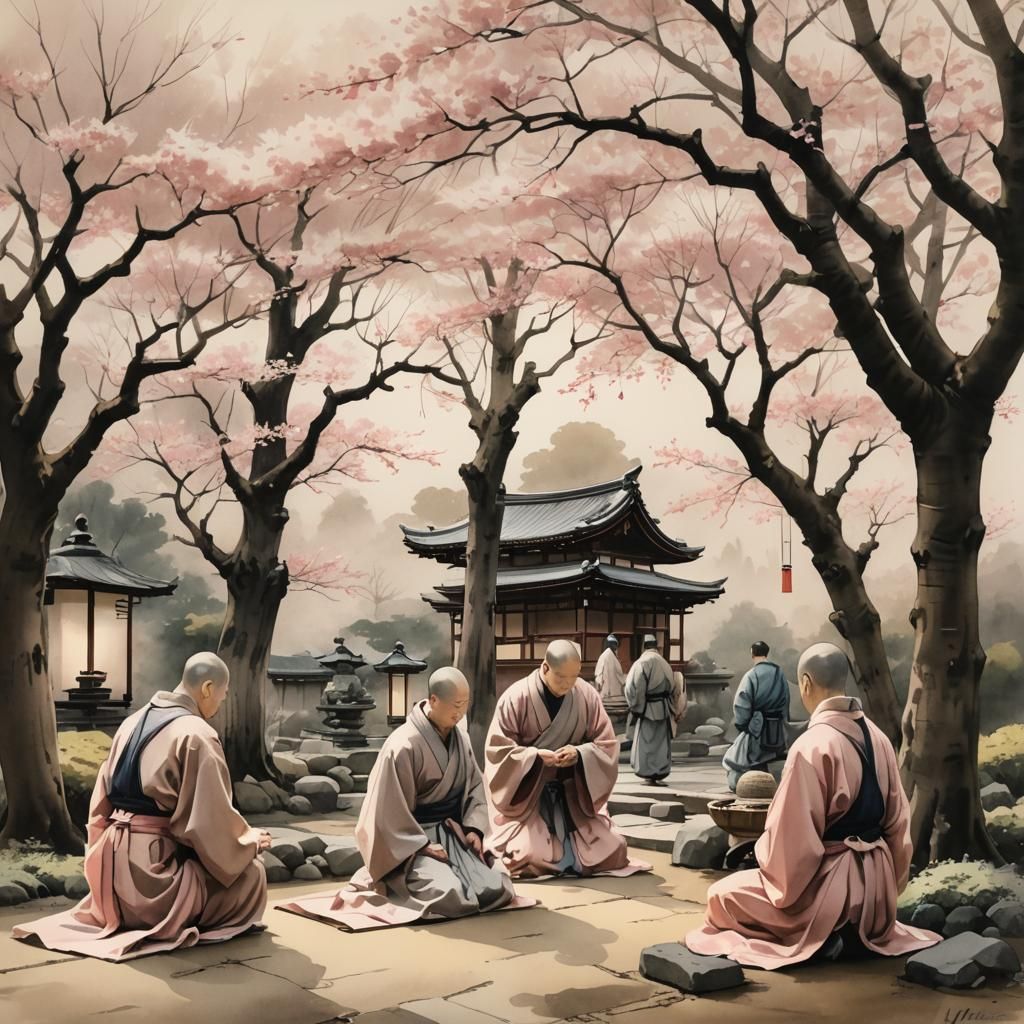 Monks Praying: Japanese Ink Wash Painting