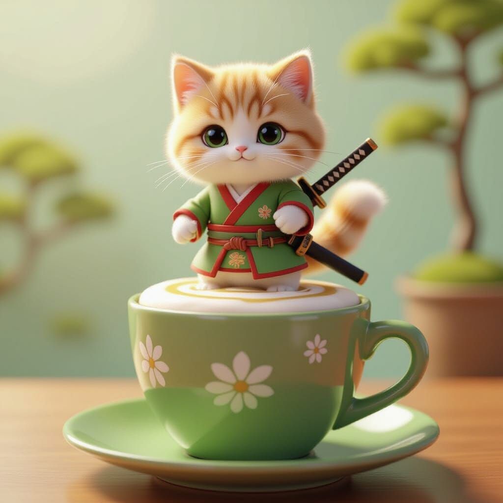 Fluffy Miniature Cat in Samurai Armor on Matcha Latte